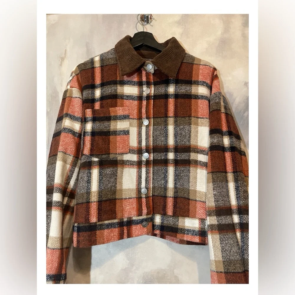 🎁New Oversized Plaid Jacket with Corduroy Collar🎁 - Picture 1 of 15